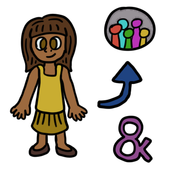 a medium-brown skinned person stands and stares at the camera with a slight smile. they have a yellow outfit, amber eyes, and dark brown hair. a blue arrow next to them points to a circle with several different simple people figures in different colors. there's a purple ampersand on the bottom right of the symbol.